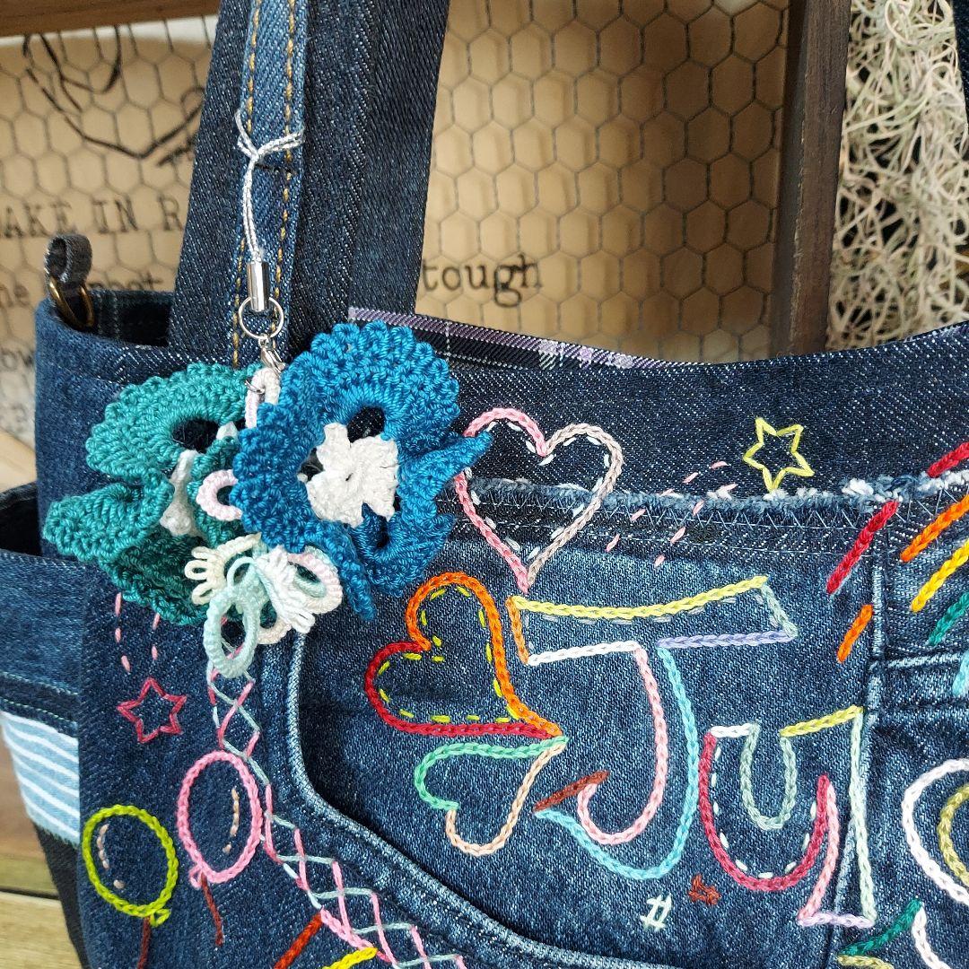 刺繍デニムバック　No.673　デニムリメイク　スマイリー　刺繍バック