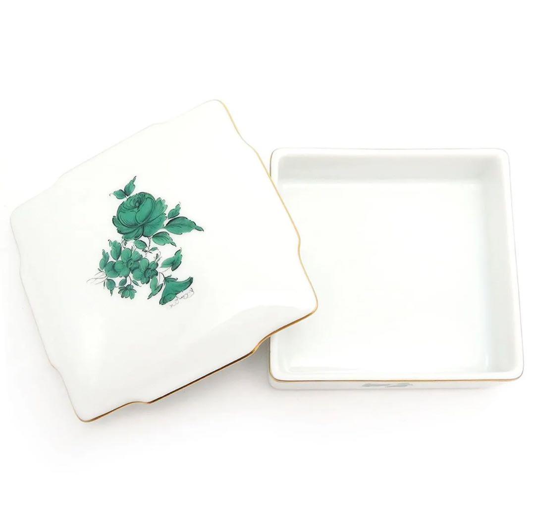 アウガルテン 小物入れ マリアテレジア 緑色のバラ 磁器 金彩【中古】