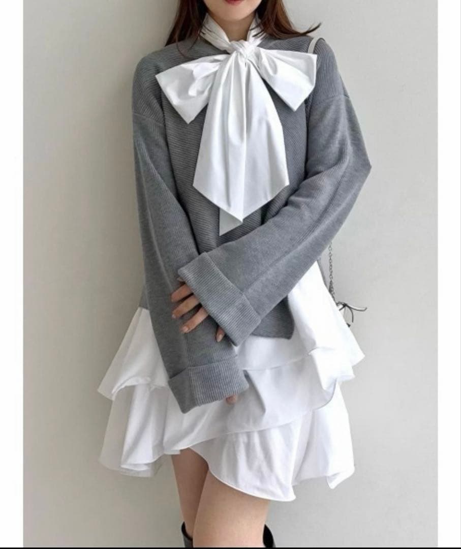 FRAY I.D ワンピース リボンタイコンビニットチュニック グレー