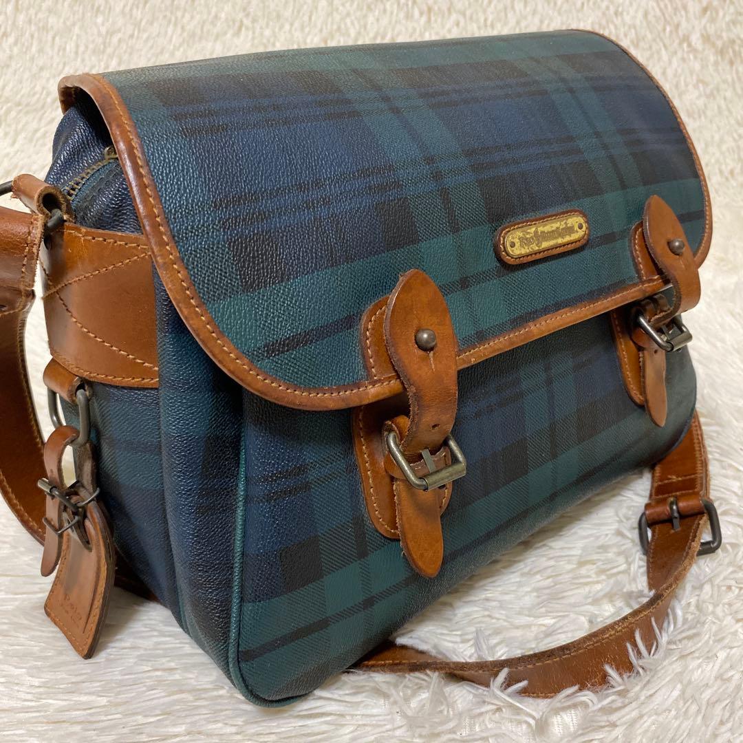 ポロ ラルフローレン メッセンジャーバッグ　グリーン　チェック　フラップ　レザー