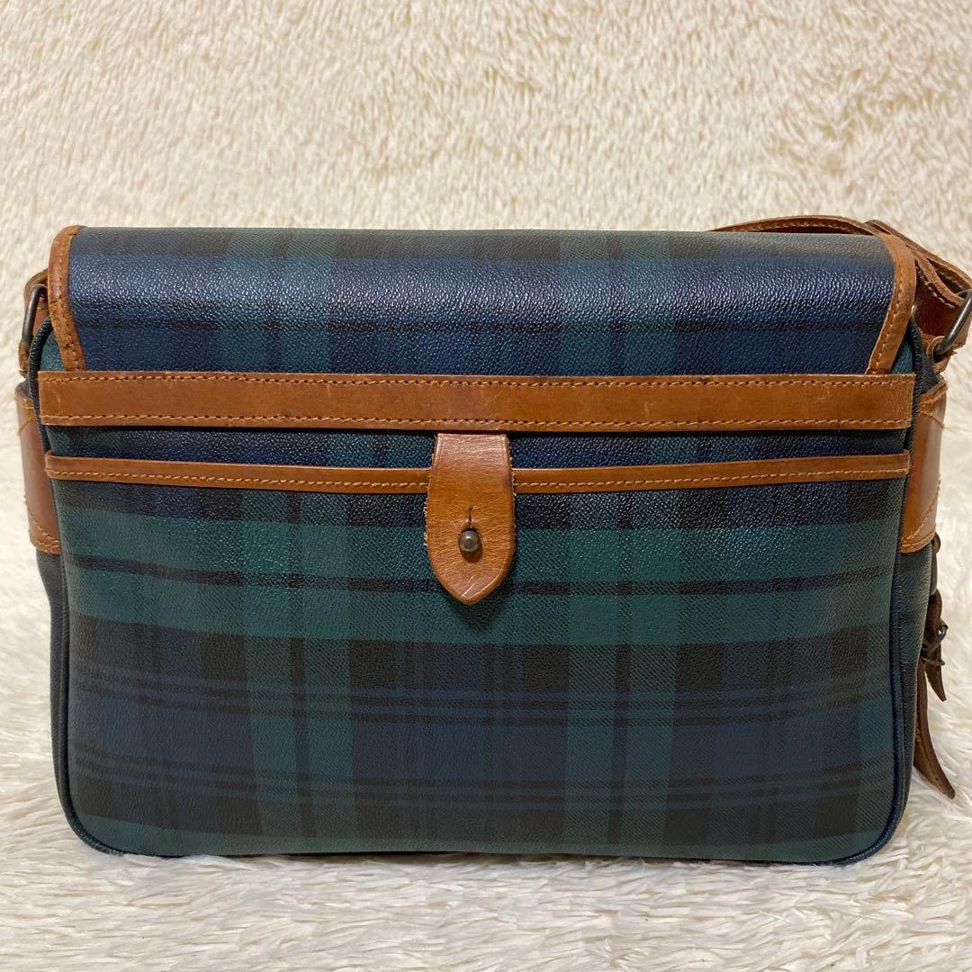 ポロ ラルフローレン メッセンジャーバッグ　グリーン　チェック　フラップ　レザー