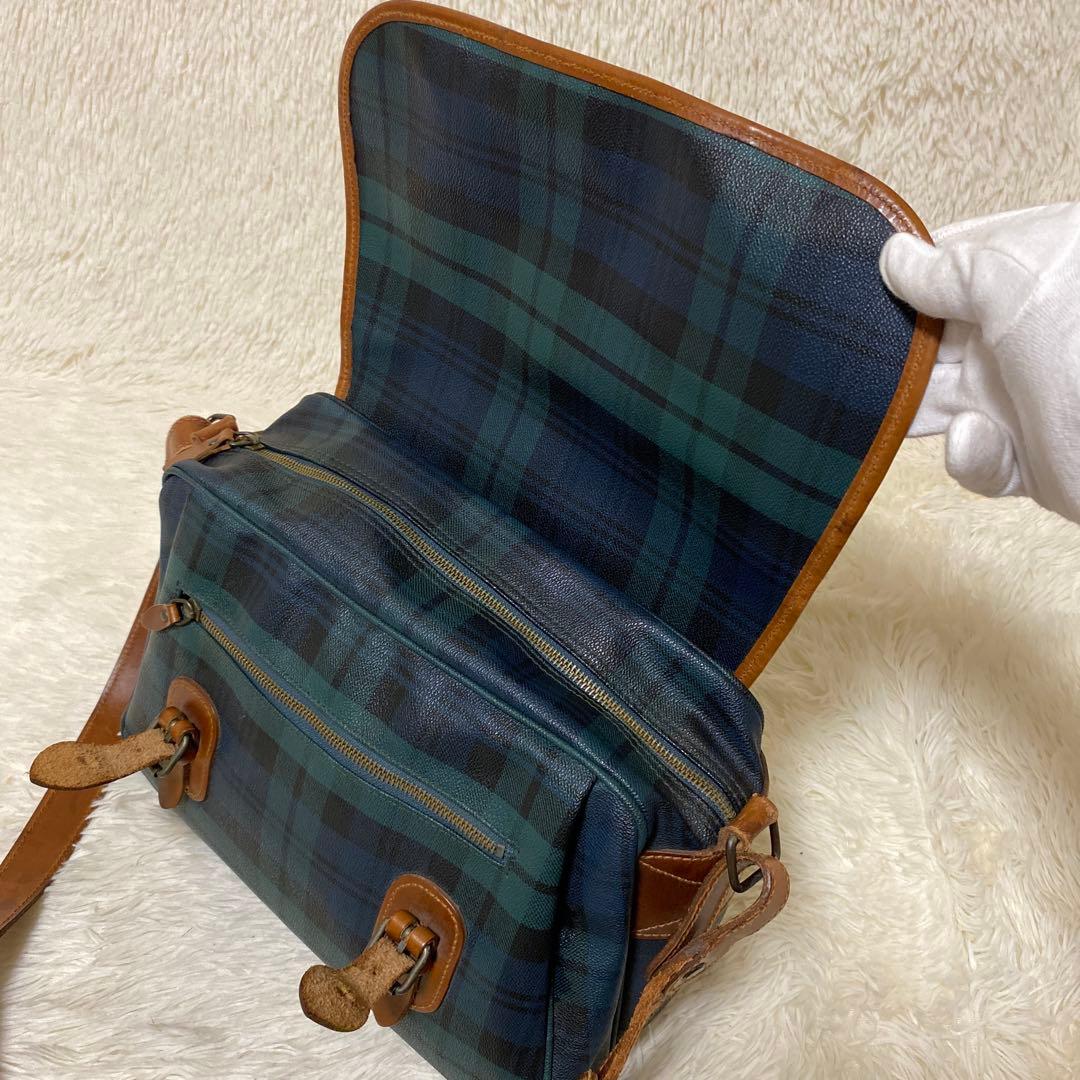 ポロ ラルフローレン メッセンジャーバッグ　グリーン　チェック　フラップ　レザー