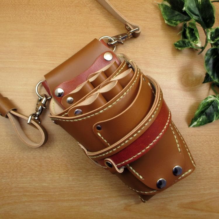 キャメル＆茶色　革ベルト付　６丁差し　本革シザーケース　SCL-100/CCA