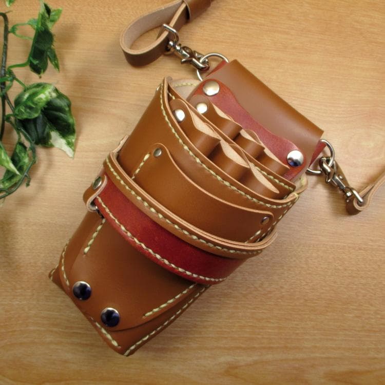 キャメル＆茶色　革ベルト付　６丁差し　本革シザーケース　SCL-100/CCA