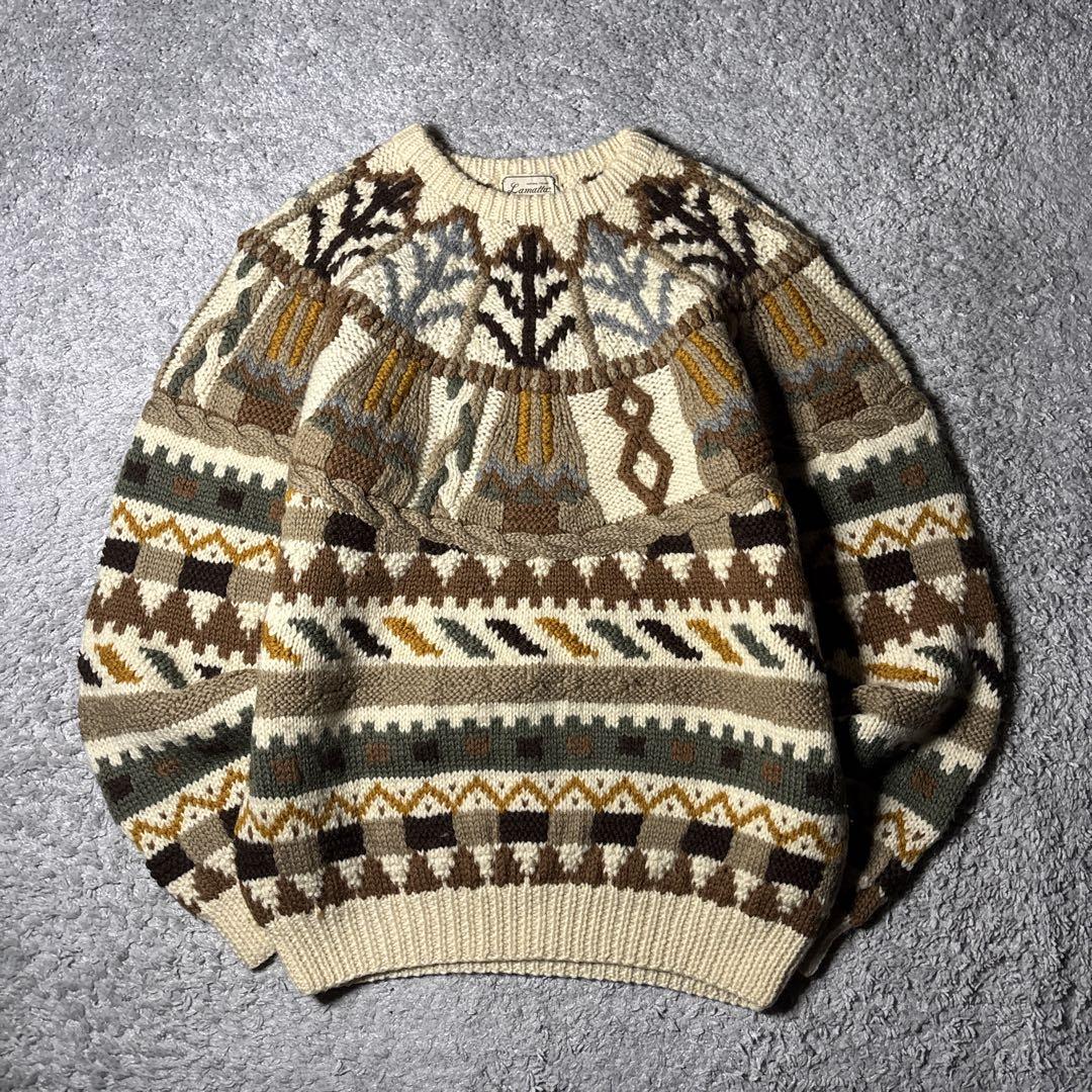 ヴィンテージ　ニット　セーター　ウール100% 3Dニット　総柄　ユニセックス