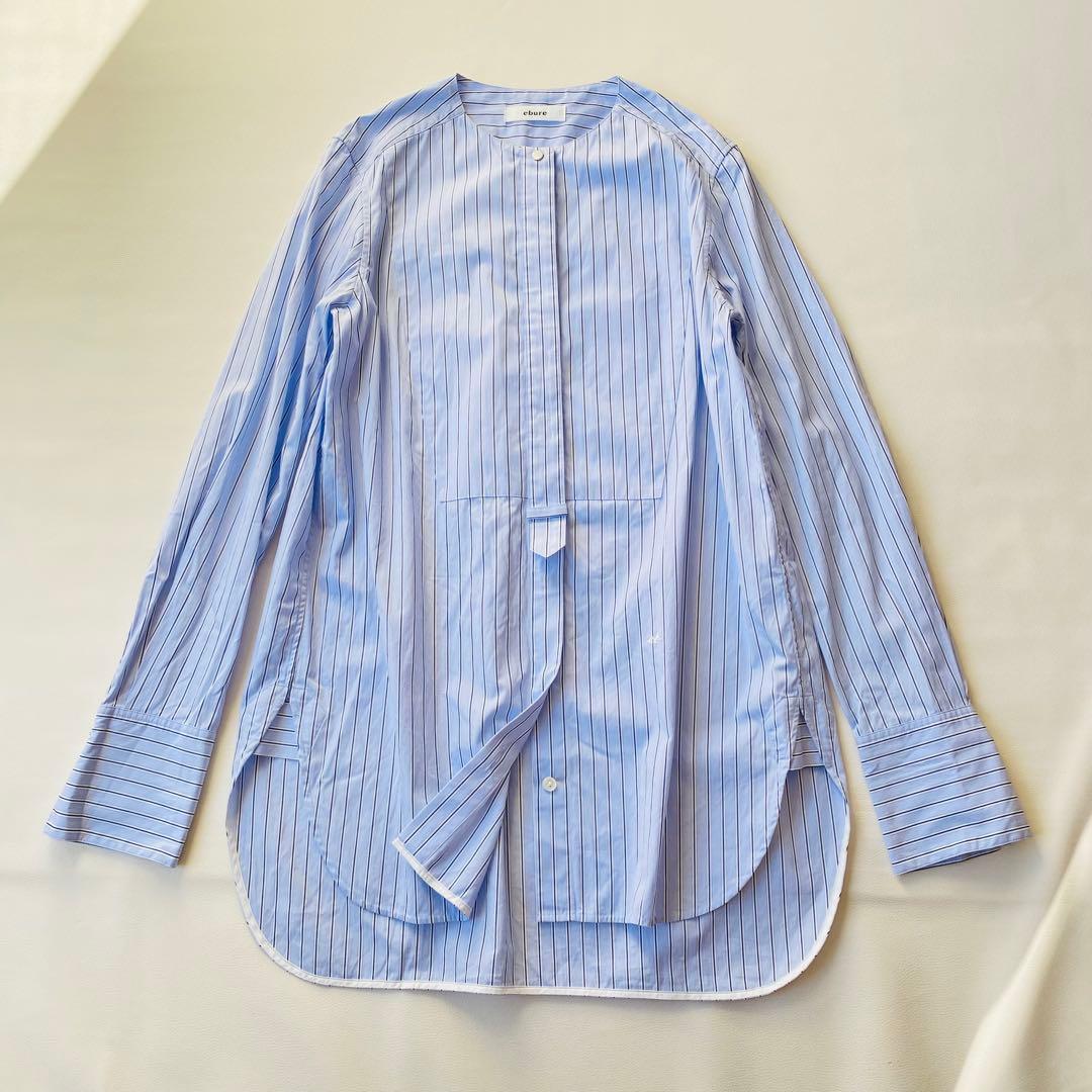 【美品】ebure　エブール　ストライプ長袖シャツ　バンドカラー　ロゴ刺繍