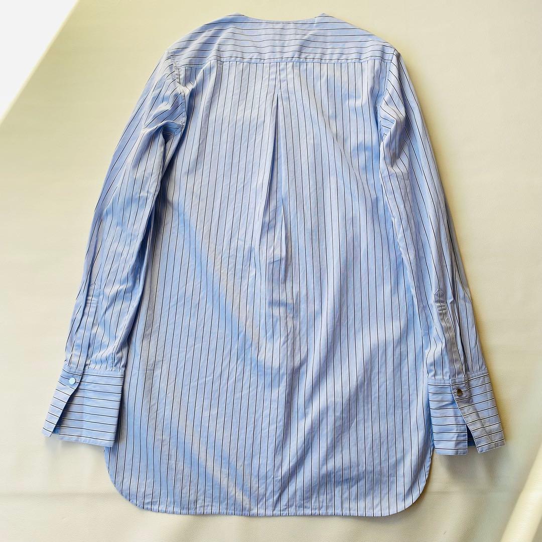 【美品】ebure　エブール　ストライプ長袖シャツ　バンドカラー　ロゴ刺繍