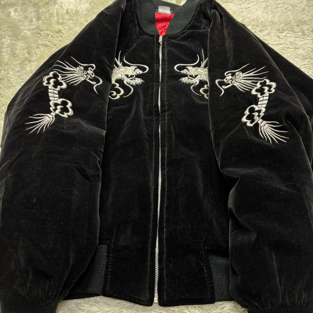 ヴィンテージ スカジャン 別珍 ベロア 龍 刺繍 キルティング 中綿 黒 L相当