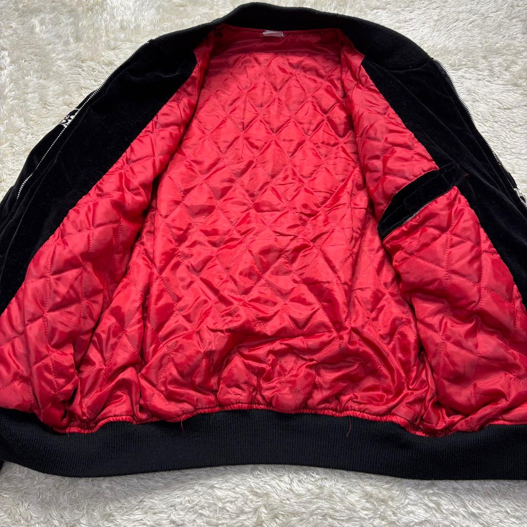 ヴィンテージ スカジャン 別珍 ベロア 龍 刺繍 キルティング 中綿 黒 L相当