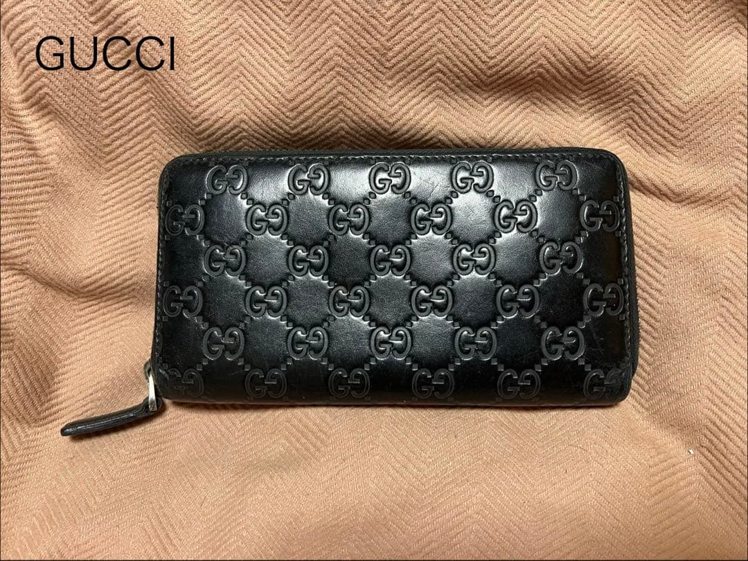 GUCCIグッチ シマ GG レザー ラウンドファスナー 長財布