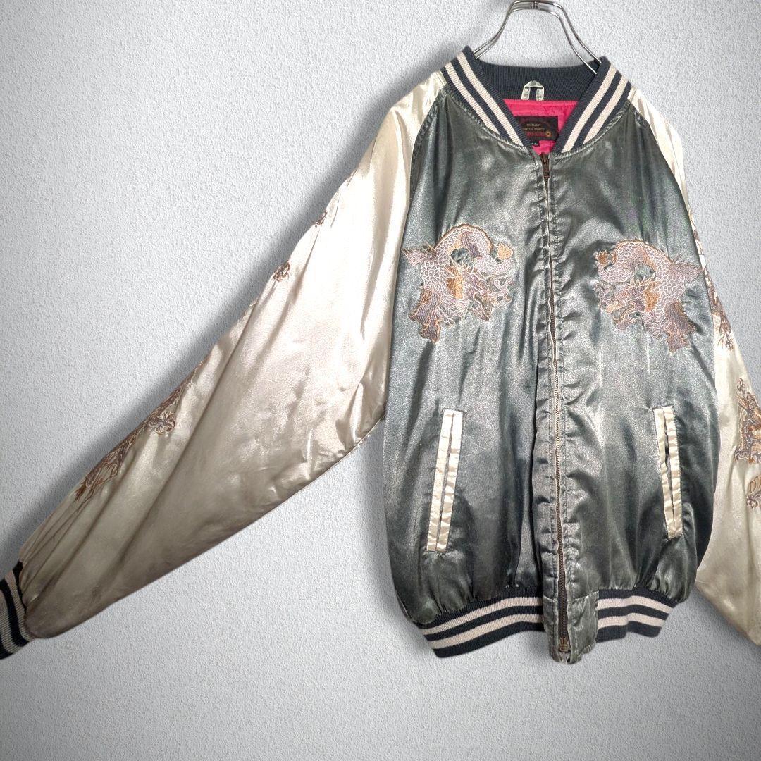 古着　ヴィンテージ　スカジャン　ドラゴン　刺繍　キルティング　メンズ　Lサイズ