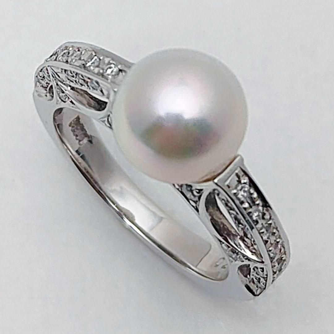 一粒真珠プラチナリング/小粒ダイヤ40個/ヴィンテージ/華やかデザイン