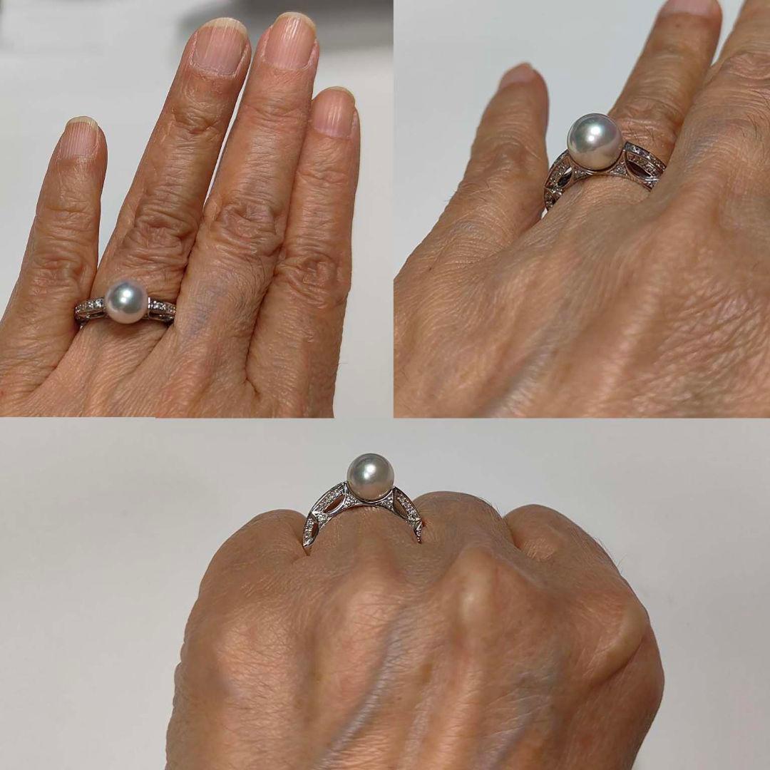 一粒真珠プラチナリング/小粒ダイヤ40個/ヴィンテージ/華やかデザイン