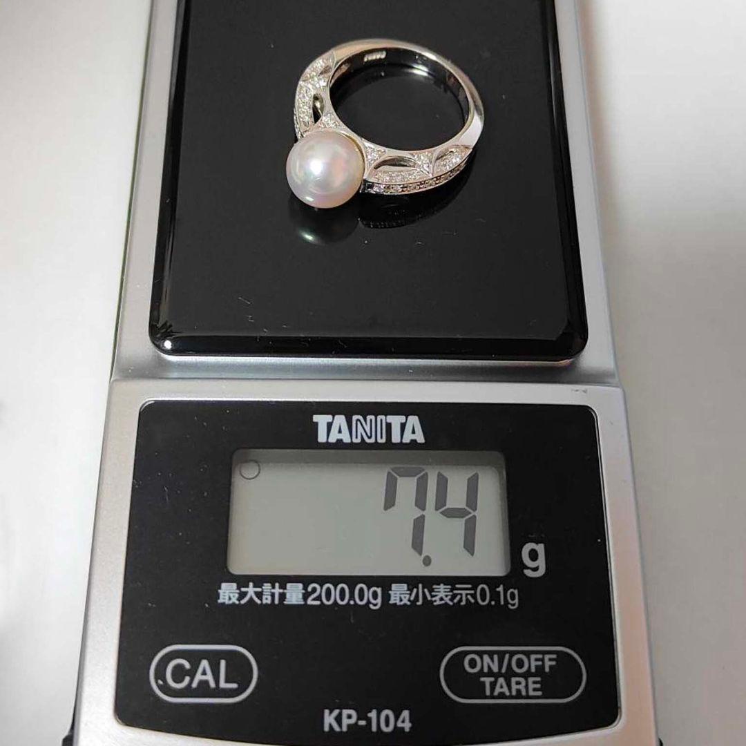 一粒真珠プラチナリング/小粒ダイヤ40個/ヴィンテージ/華やかデザイン