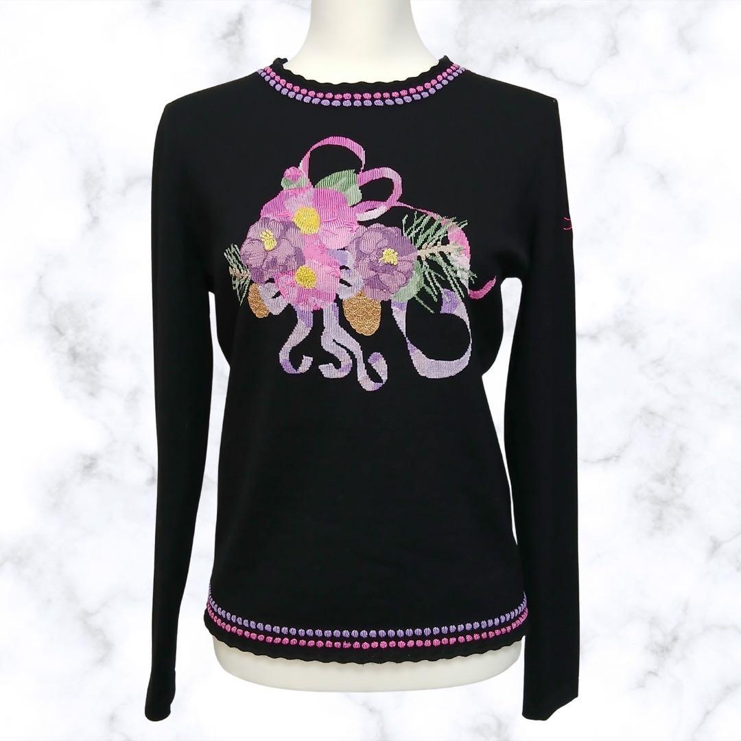 LEONARD SPORT レオナールスポーツ 刺繍ニット 黒　花柄 38