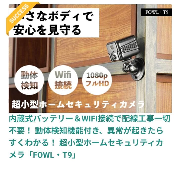 超小型ホームセキュリティカメラ「FOWL・T9」動体検知機能付 内蔵式バッテリー