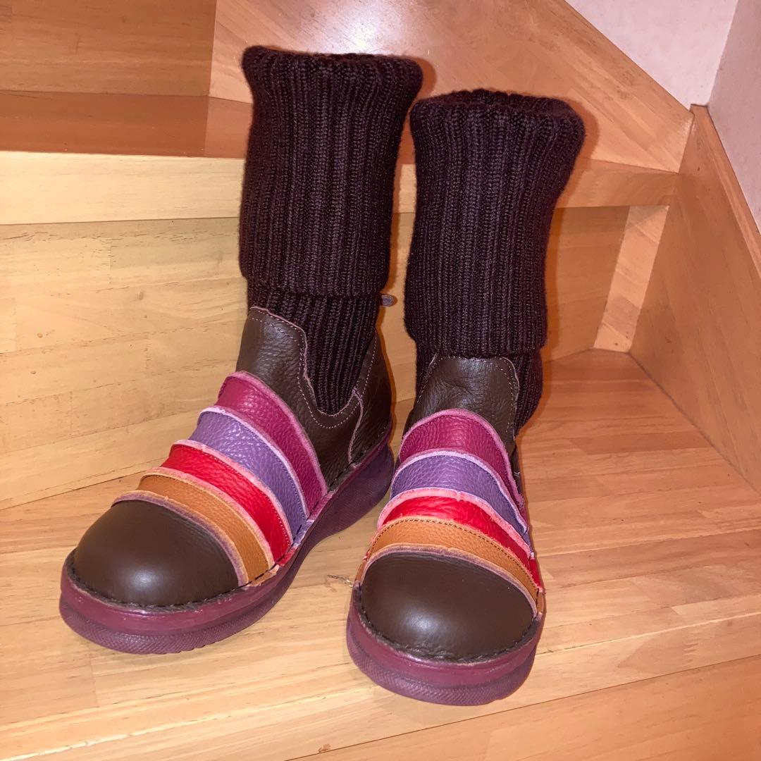 未使用エスタシオン本革ニットショートブーツ F3019♡ボーダーデザイン LL