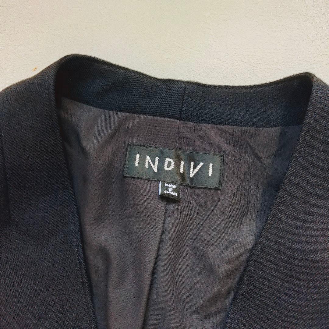 極美品　インディヴィ　ノーカラージャケット　パンツ　スーツ　セットアップ　紺