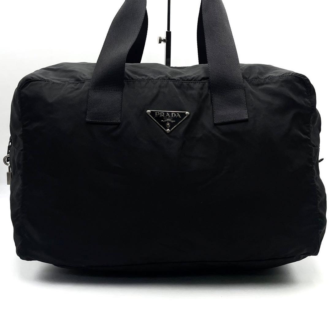プラダ 三角ロゴ アイコン ハンドバッグ ボストンバッグ 肩掛け 旅行鞄 黒