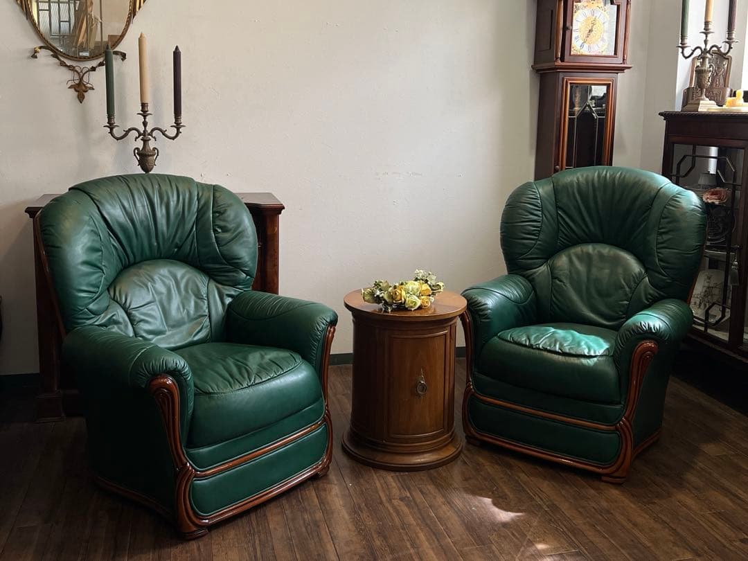 k831r111 イタリア製 グリーンの本革ソファ 1Pソファ 2脚セット
