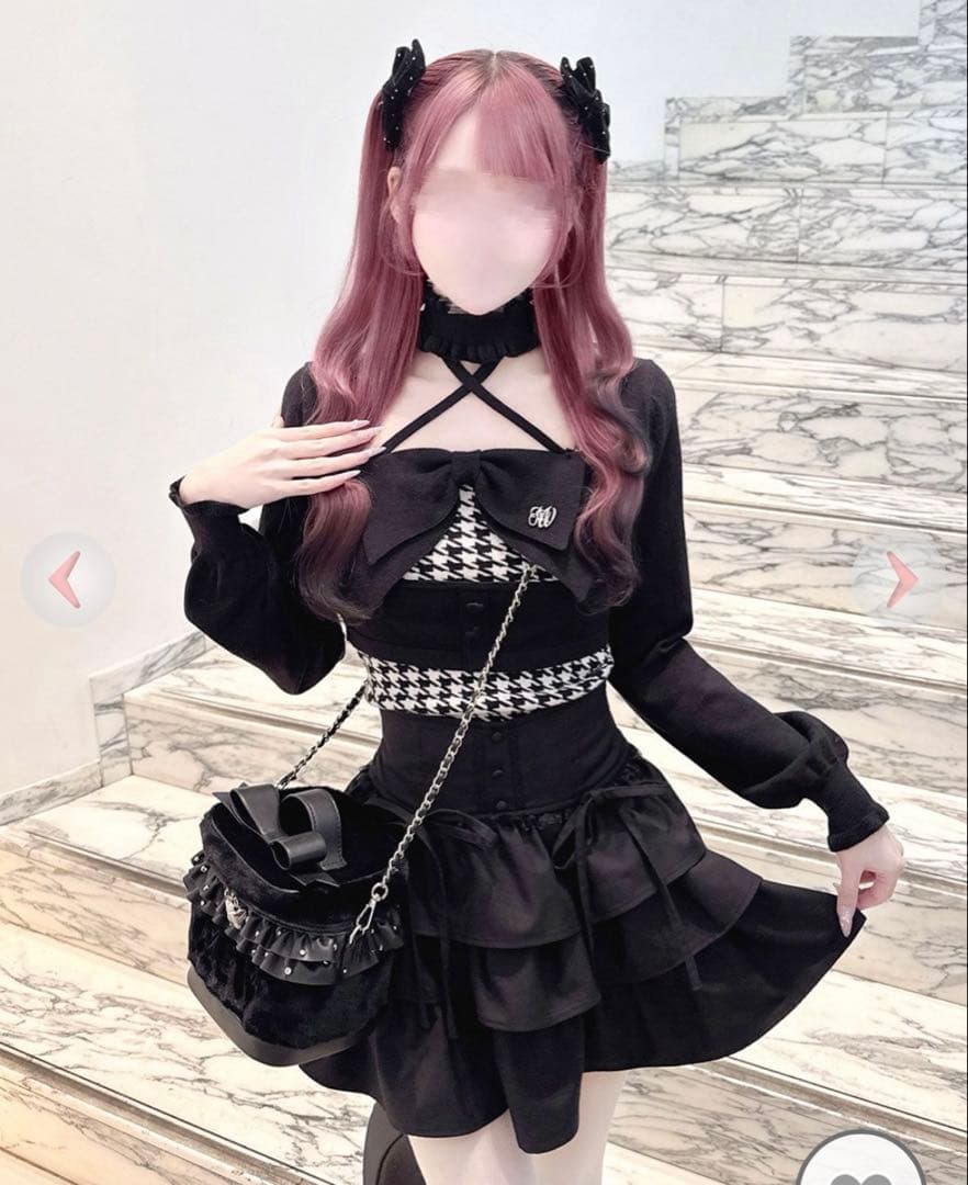 HONEYMEW チョーカー付きビッグリボンアンサンブルトップス ブラック