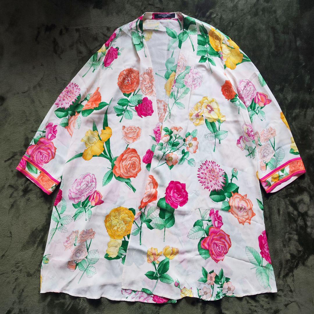 【極美品】レオナールカーディガンはおり総柄花柄 トリム マルチカラー シルク M