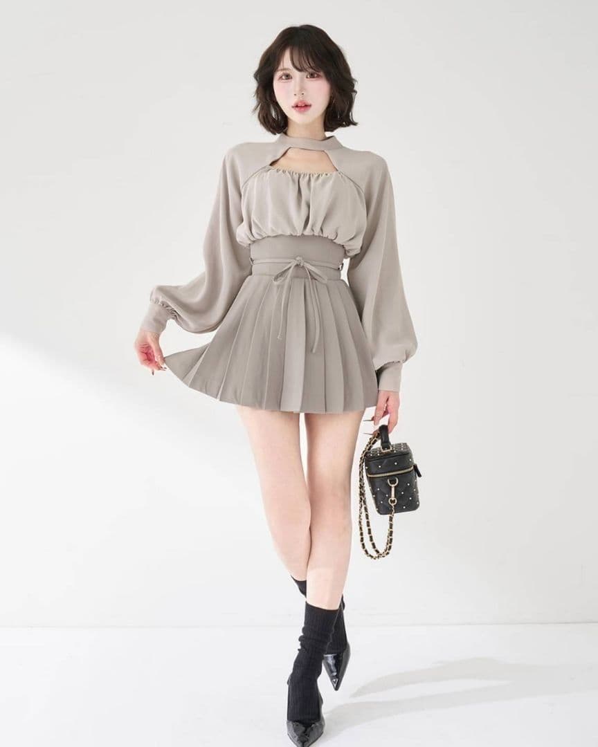 ダーリッチ ドッキングコルセットプリーツミニワンピース グレー