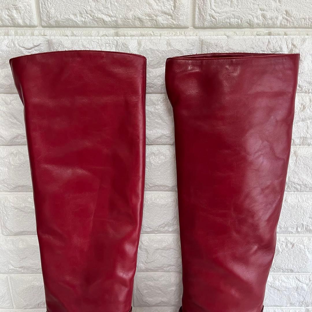【極美品】Sergio rossiレッド 本革ロング ブーツ 22.5ベルト装飾