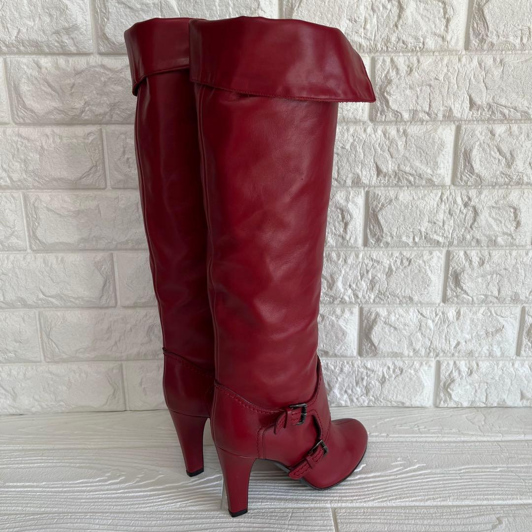 【極美品】Sergio rossiレッド 本革ロング ブーツ 22.5ベルト装飾