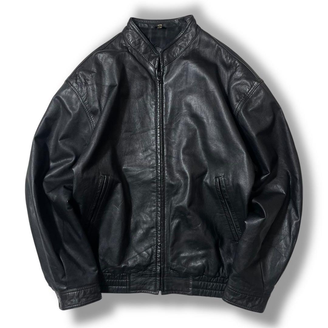 90s ノーカラー ショート丈 本革 リアルレザー ボンバー ブルゾンジャケット