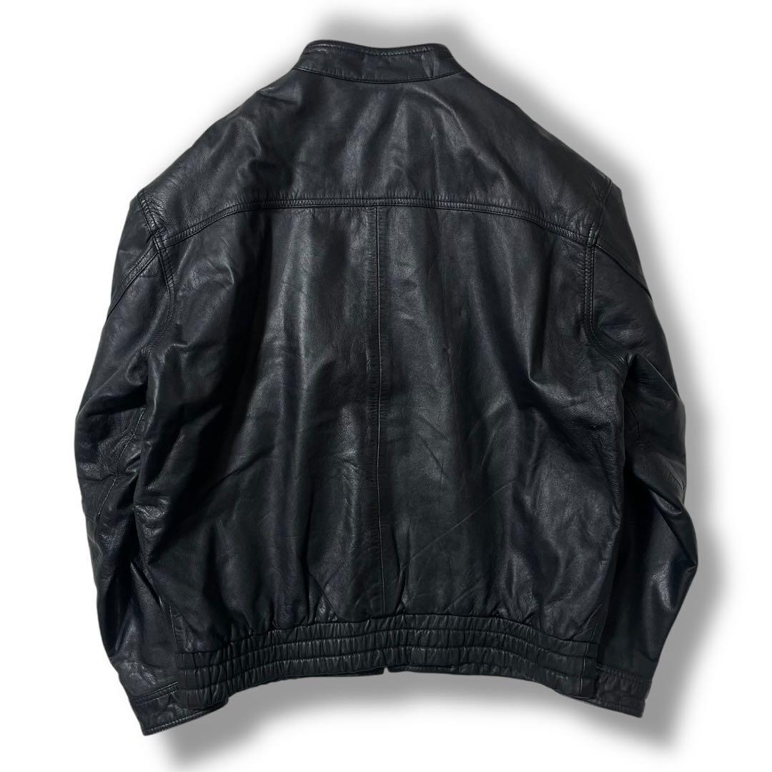 90s ノーカラー ショート丈 本革 リアルレザー ボンバー ブルゾンジャケット