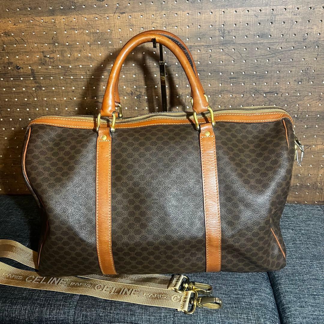 セリーヌ　ボストンバッグ　ショルダー付き　マカダム　レザー