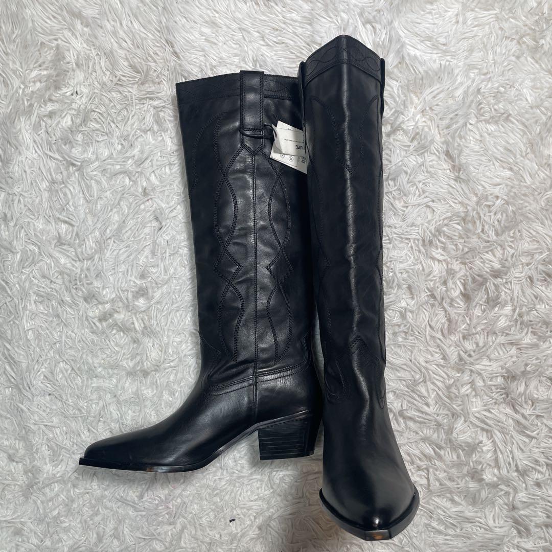 新品　未使用　ZARA ウエスタンブーツ　ロング　レザー　ブラック　25.5cm