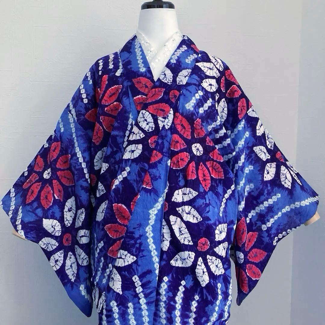 有松絞り　手縫い上質浴衣　レトロな大輪花模様　No.3-66