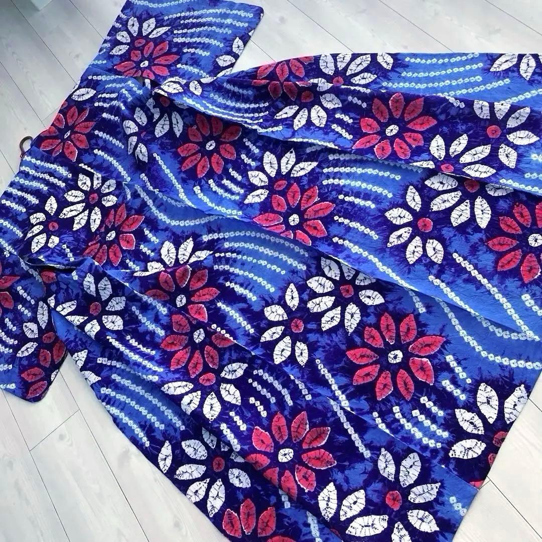 有松絞り　手縫い上質浴衣　レトロな大輪花模様　No.3-66