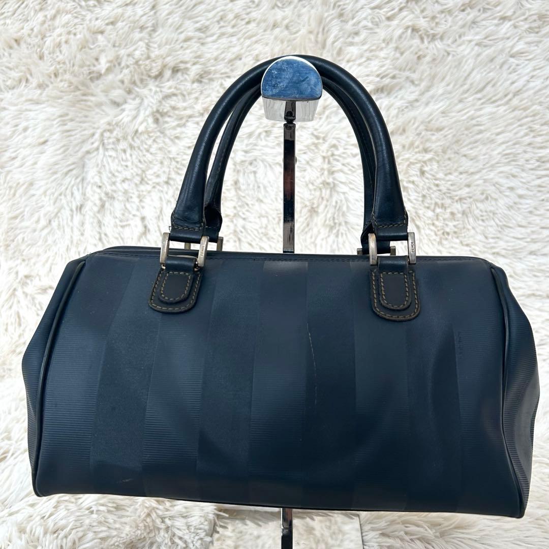 FENDI ペカン柄 ミニボストン PVC ネイビー　ストライプ　金具