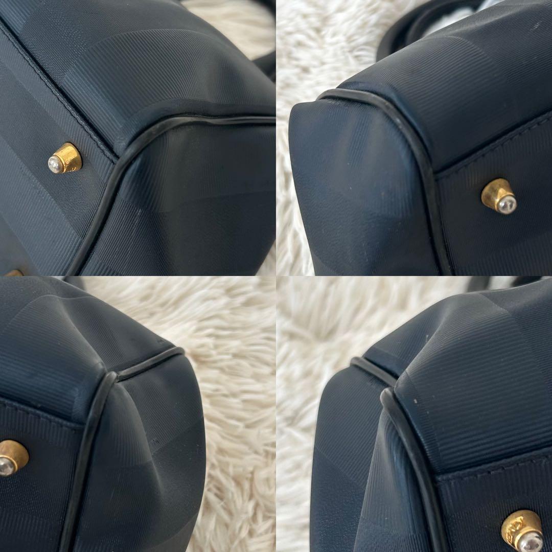 FENDI ペカン柄 ミニボストン PVC ネイビー　ストライプ　金具