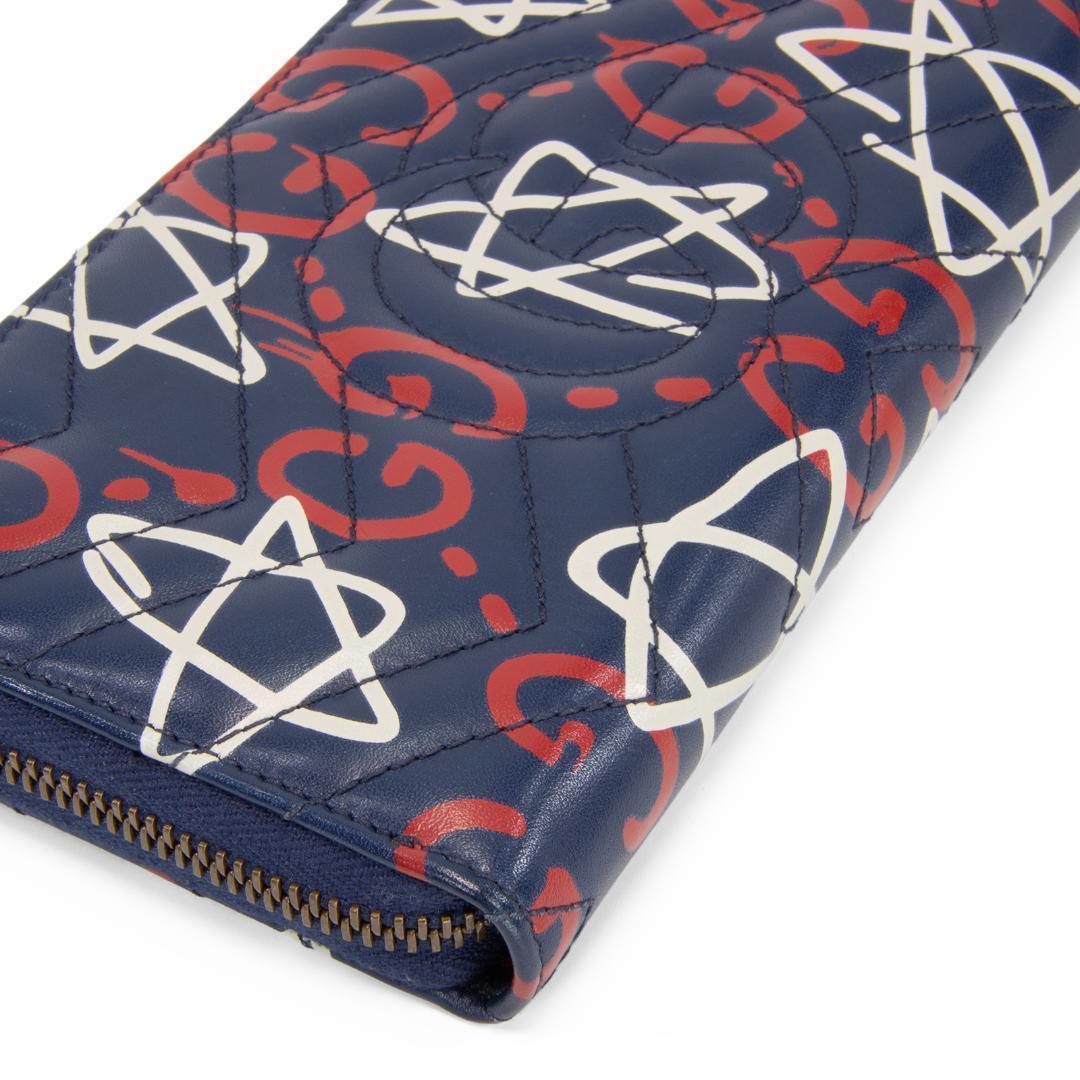 本物 グッチ 長財布 ファスナー メンズ ゴースト GG ネイビーブルー 赤 白