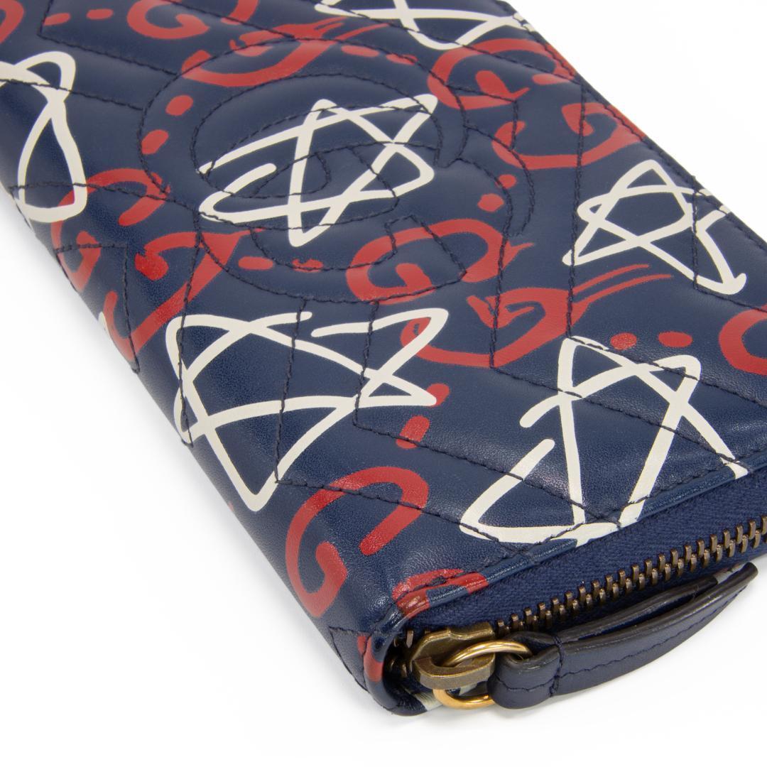 本物 グッチ 長財布 ファスナー メンズ ゴースト GG ネイビーブルー 赤 白