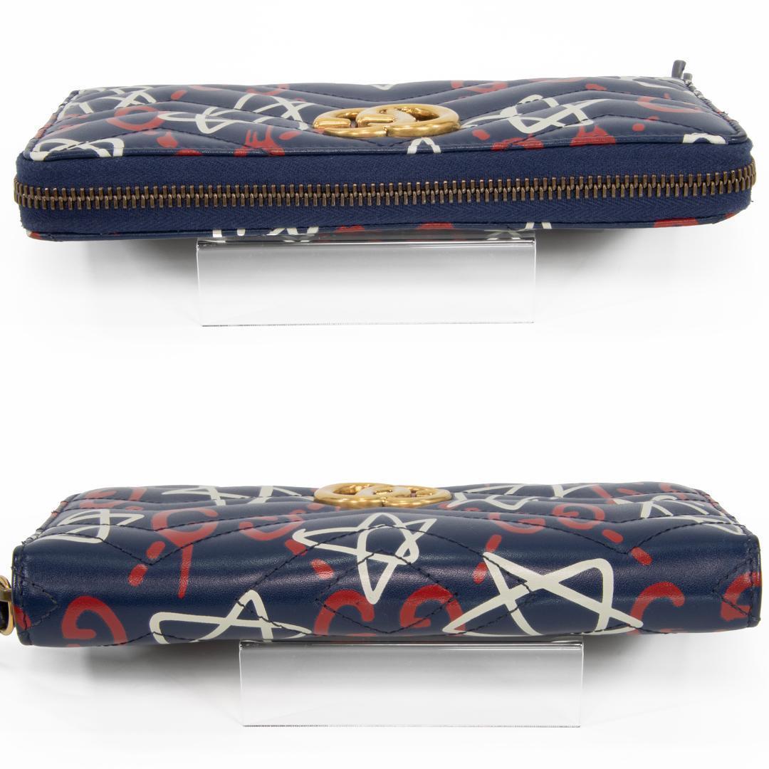 本物 グッチ 長財布 ファスナー メンズ ゴースト GG ネイビーブルー 赤 白