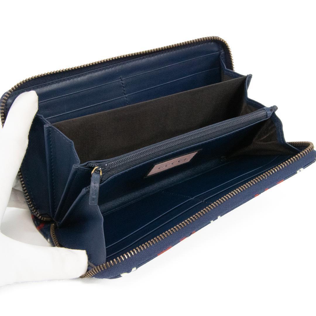 本物 グッチ 長財布 ファスナー メンズ ゴースト GG ネイビーブルー 赤 白