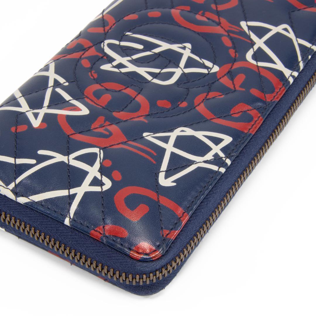 本物 グッチ 長財布 ファスナー メンズ ゴースト GG ネイビーブルー 赤 白