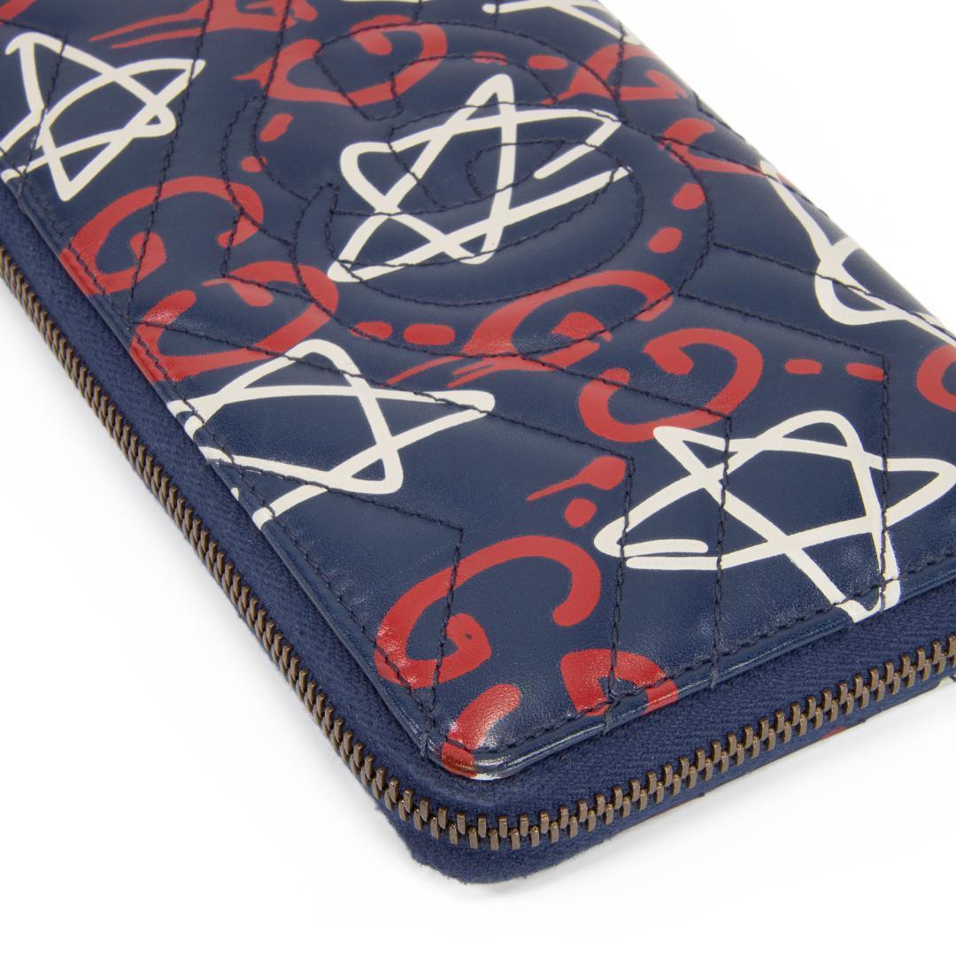 本物 グッチ 長財布 ファスナー メンズ ゴースト GG ネイビーブルー 赤 白