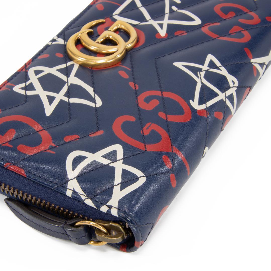 本物 グッチ 長財布 ファスナー メンズ ゴースト GG ネイビーブルー 赤 白