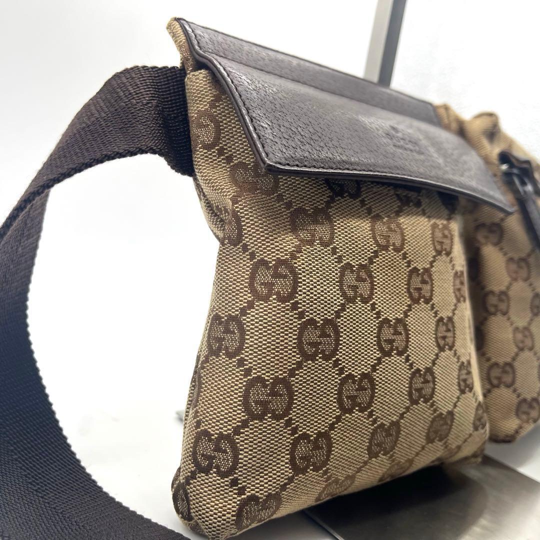 美品✨グッチ ボディバッグ ウエストポーチ レザー×GGキャンバス ブラウン