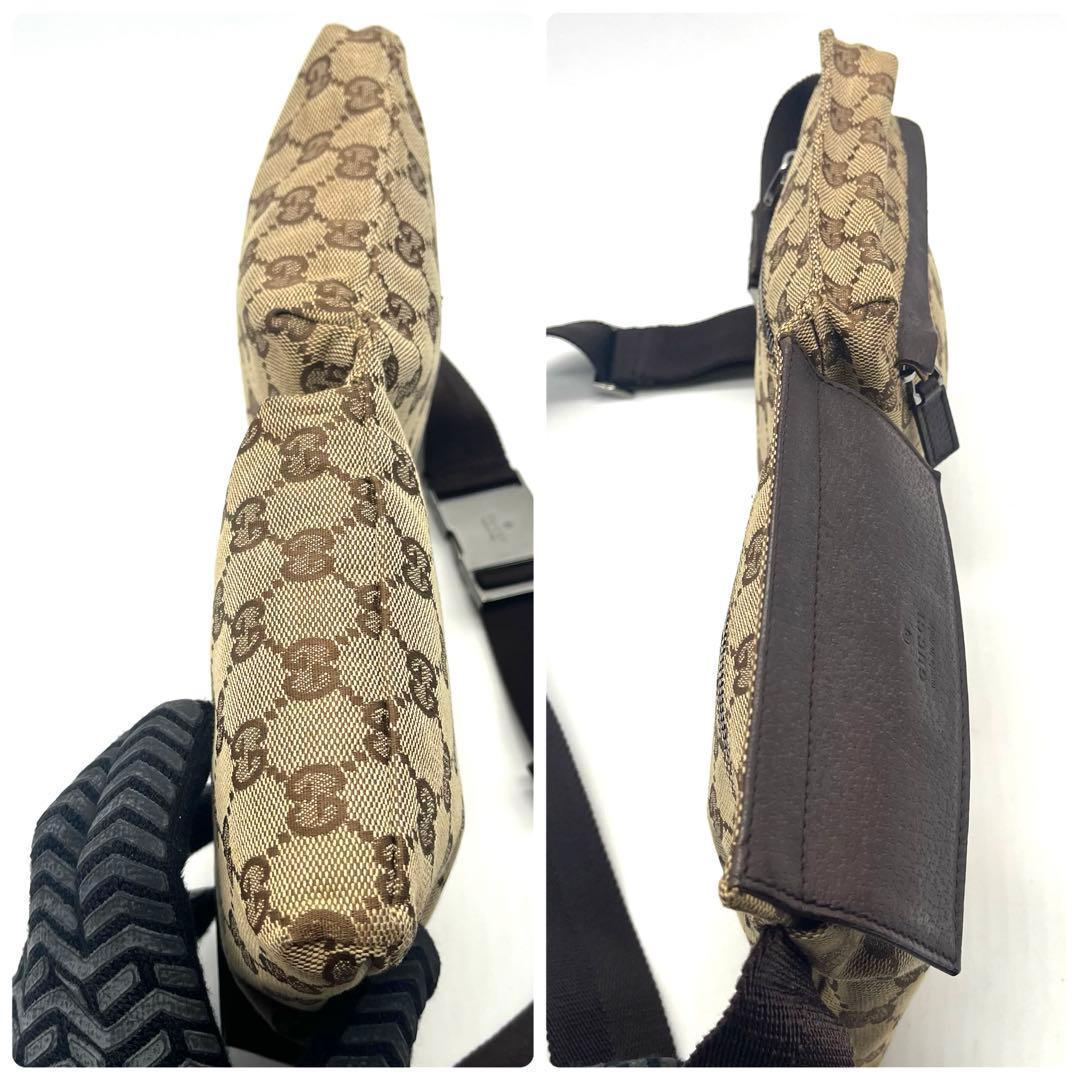 美品✨グッチ ボディバッグ ウエストポーチ レザー×GGキャンバス ブラウン