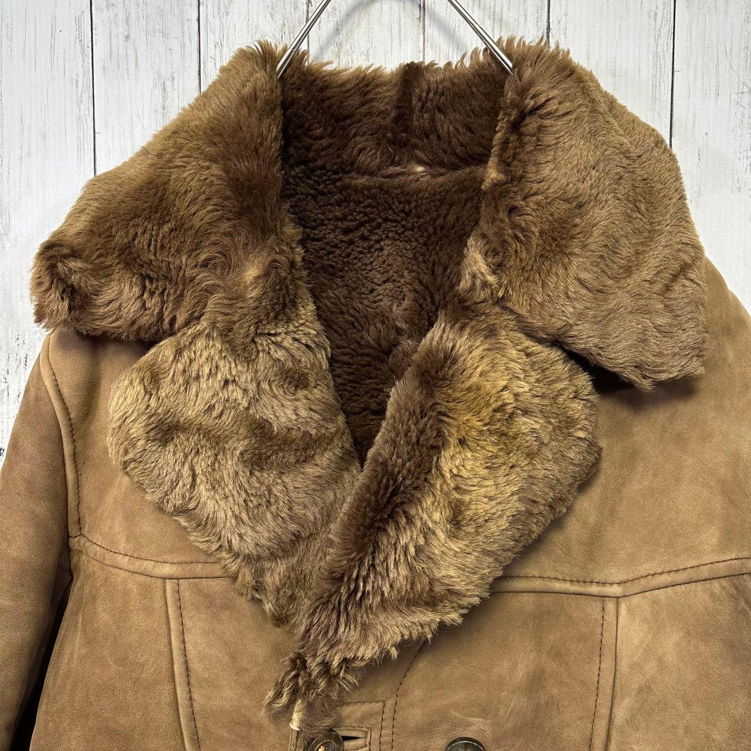 【本革☆ムートンコート】ユーロヴィンテージ☆ダブル☆ランチコート　2XL相当 茶