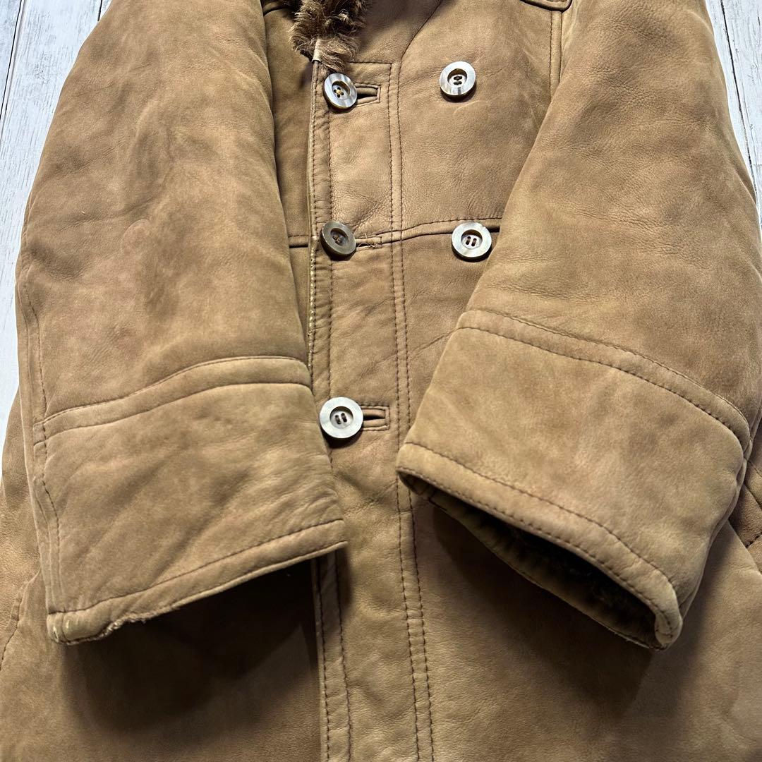 【本革☆ムートンコート】ユーロヴィンテージ☆ダブル☆ランチコート　2XL相当 茶