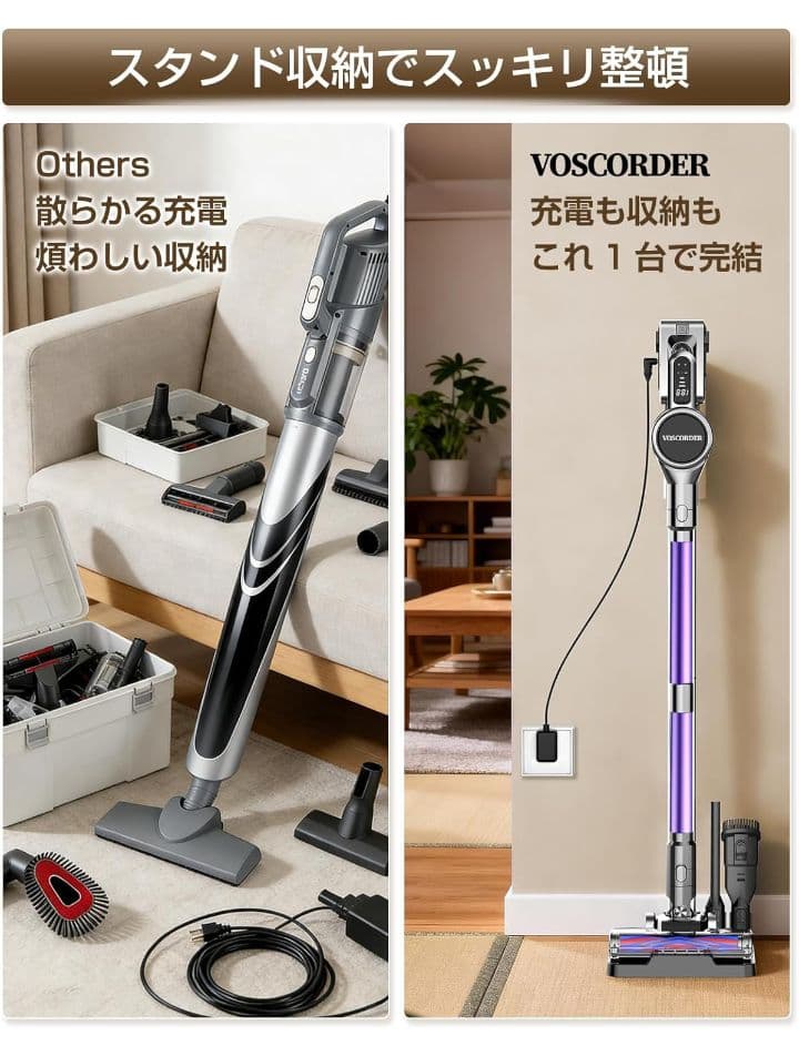 掃除機 コードレスLEDライト付き65Kpa強力吸引収納充電スタンド　軽量