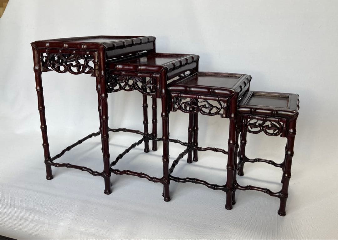 飾り台　4個組　盆栽台　花台　香炉台　茶華道具　木製　透かし彫り　GA3